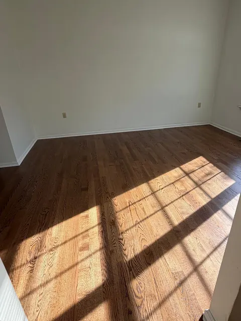 Sunlight on a refinished oak floor with a warm brown stain
